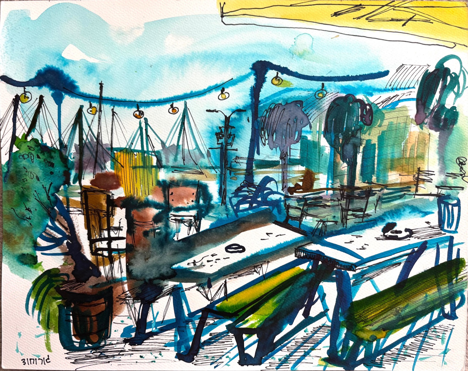A view from the café, Herzliya Marina - watercolour on paper